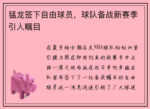 猛龙签下自由球员，球队备战新赛季引人瞩目