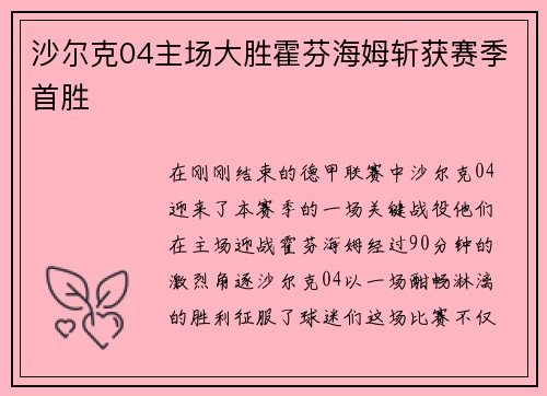 沙尔克04主场大胜霍芬海姆斩获赛季首胜