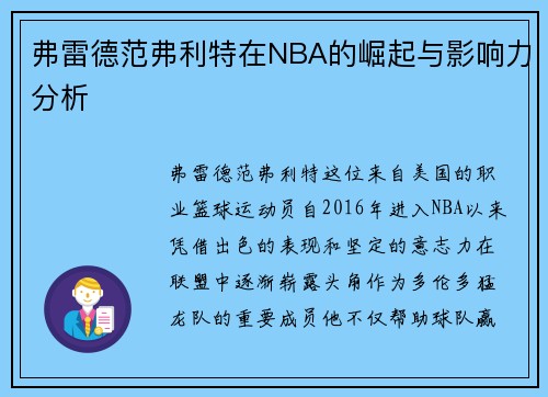 弗雷德范弗利特在NBA的崛起与影响力分析
